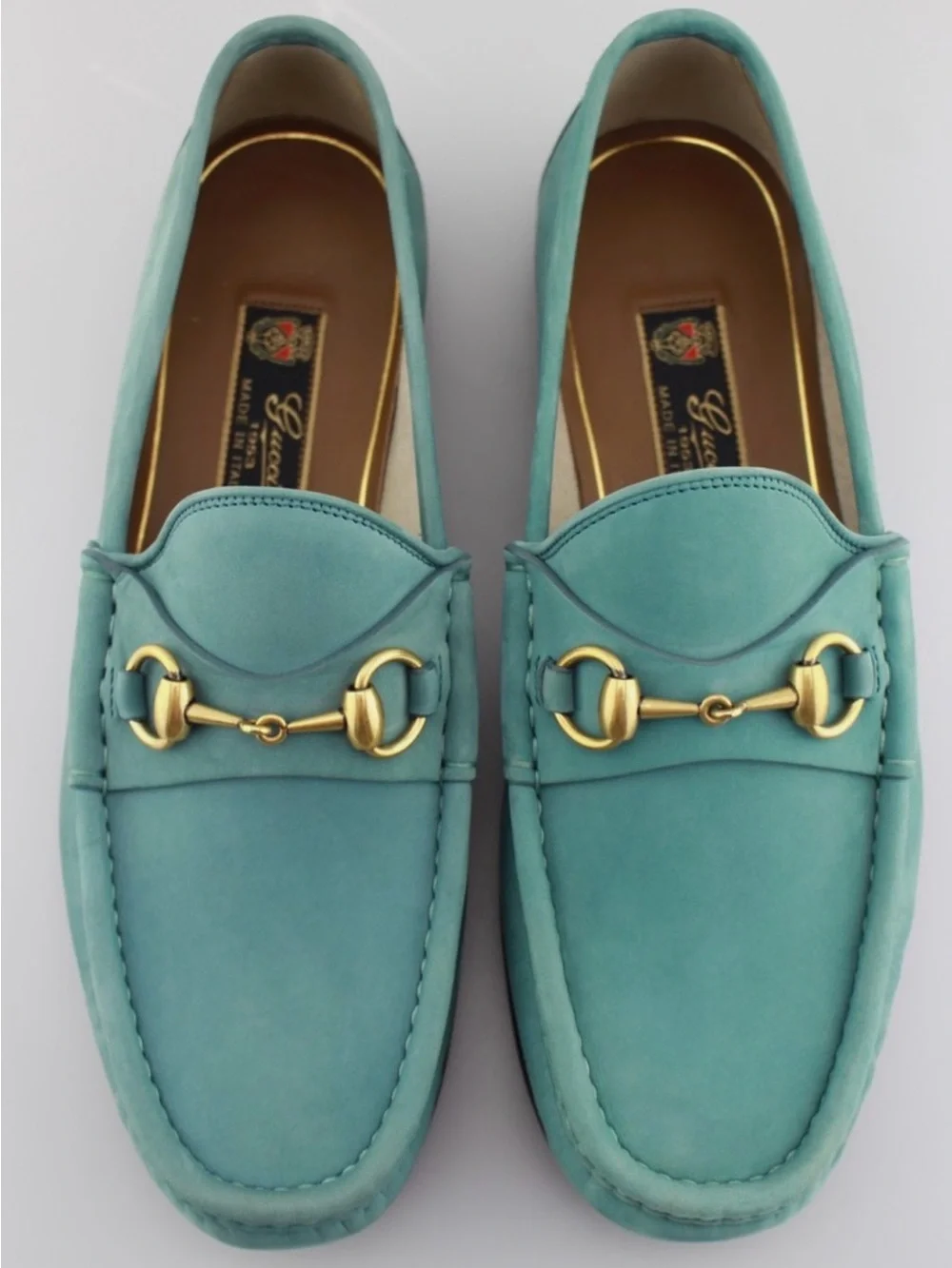 Men's GUCCI '1953 Horsebit' Aqua Blue Suede Loafers 8 1/2
